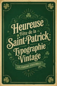 Typographie vintage verte pour la Saint-Patrick, avec des motifs décoratifs.