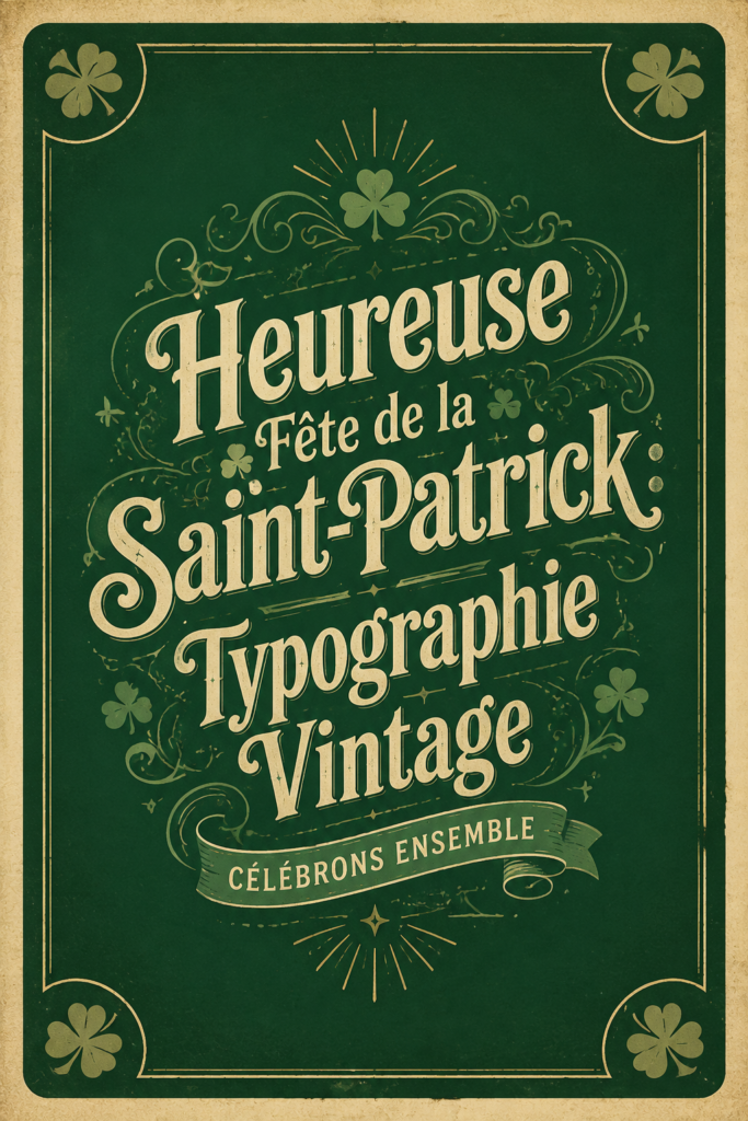Typographie vintage verte pour la Saint-Patrick, avec des motifs décoratifs.