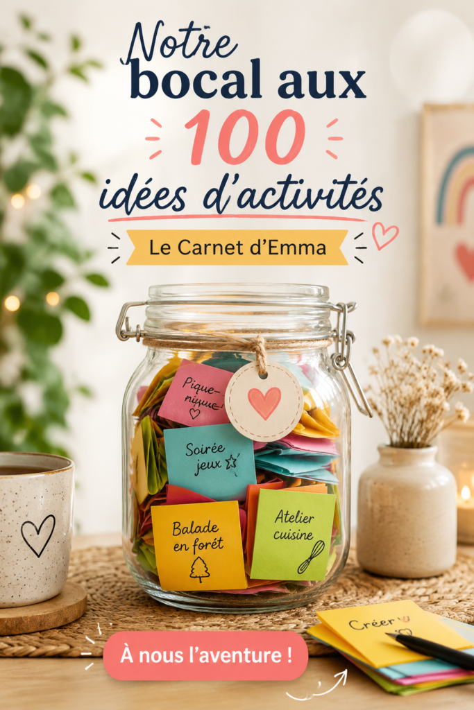 Bocal rempli de papiers colorés avec des idées d'activités créatives pour toute la famille.