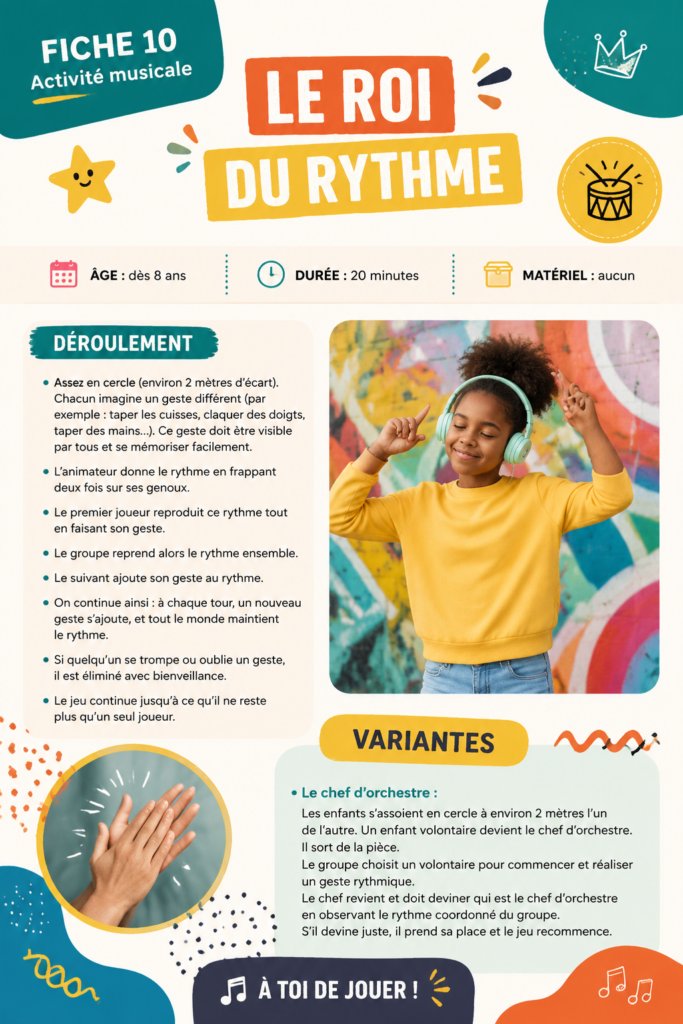 Image montrant une fiche rythmée pour des activités créatives à la maison.