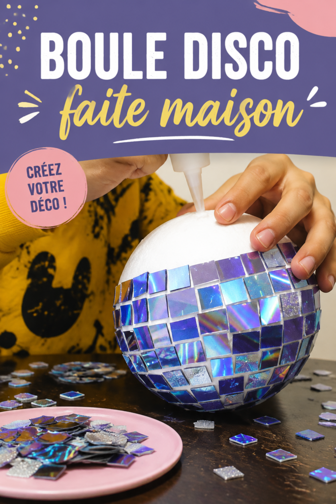Une magnifique boule disco faite maison suspendue, illuminant un espace de vie.