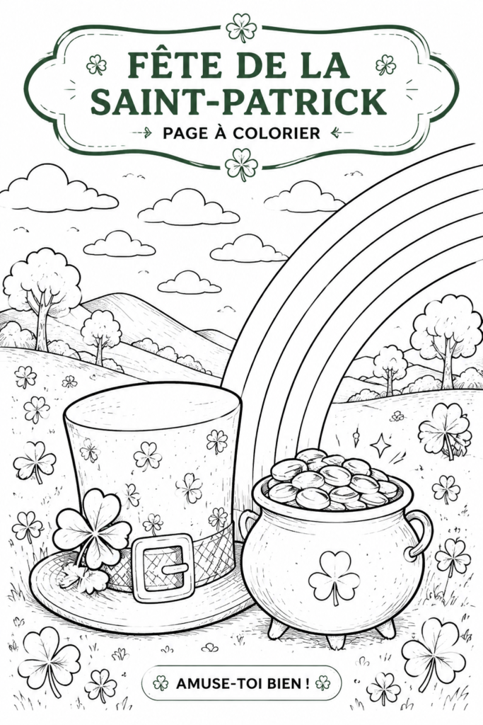 Des pages de coloriage festives pour la Saint-Patrick, avec des motifs de trèfles et de lutins.