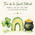 Illustration aquarelle représentant un trèfle et un arc-en-ciel pour la Saint-Patrick.