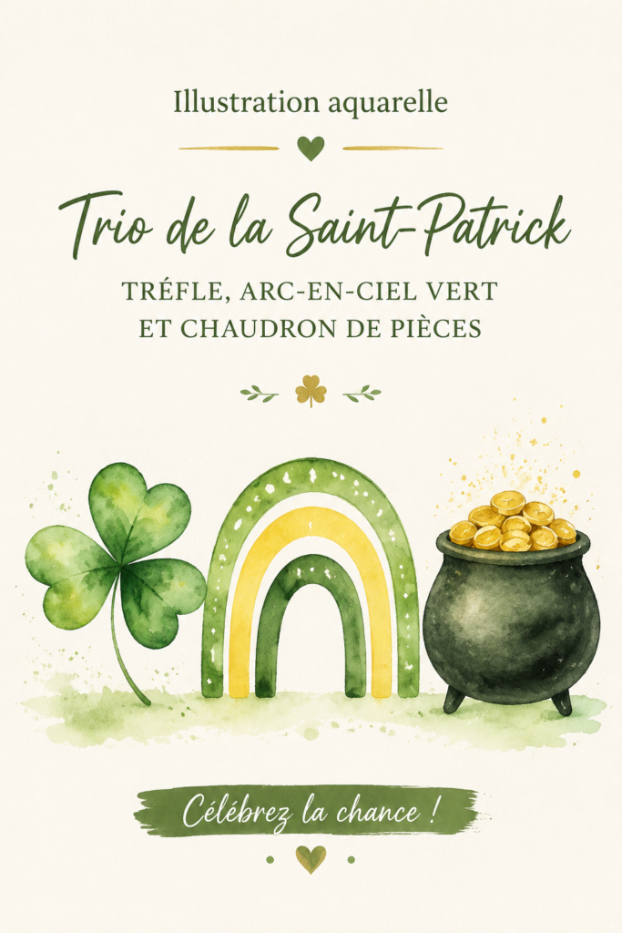 Illustration aquarelle représentant un trèfle et un arc-en-ciel pour la Saint-Patrick.