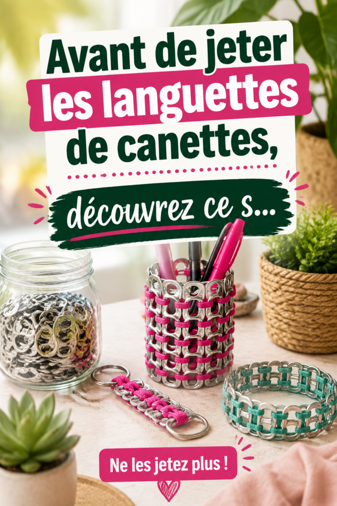Un assemblage de créations faites avec des languettes de canettes, illustrant la créativité et le recyclage.