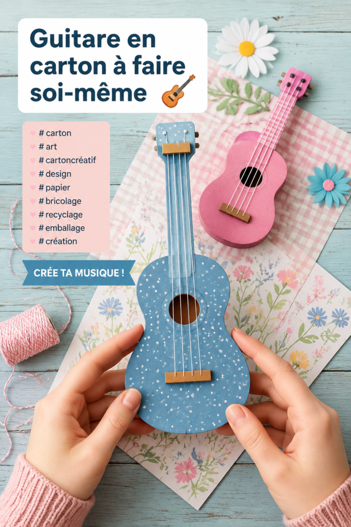 Guitare en carton faite maison, montrant créativité et recyclage.