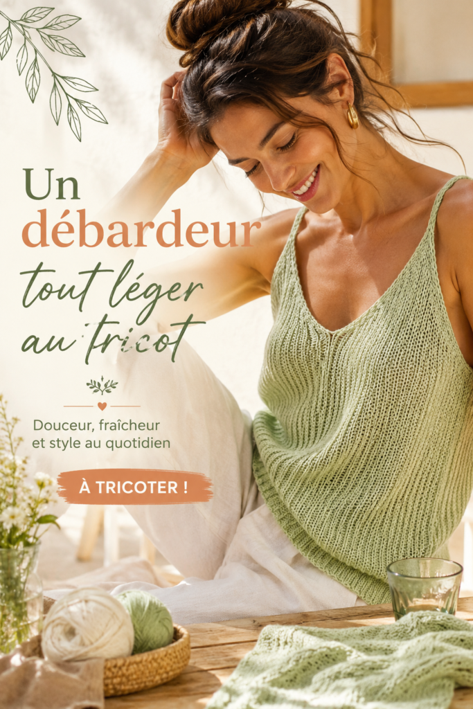 Femme tricotant un débardeur léger en laine dans un jardin ensoleillé.