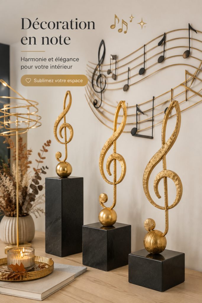 Un intérieur décoré avec des éléments inspirés de la musique, comme des notes et instruments.