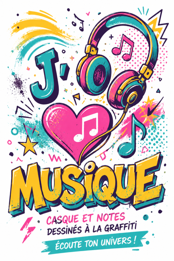 Une décoration murale inspirée de la musique avec des notes et écouteurs