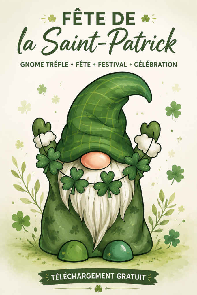 Décoration festive pour la Saint-Patrick avec un gnome vert et des trèfles