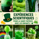 Une mère et son enfant réalisant une expérience scientifique colorée pour la Saint-Patrick.