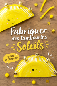 Un tambourin soleil coloré fabriqué à la main avec des matériaux recyclés.