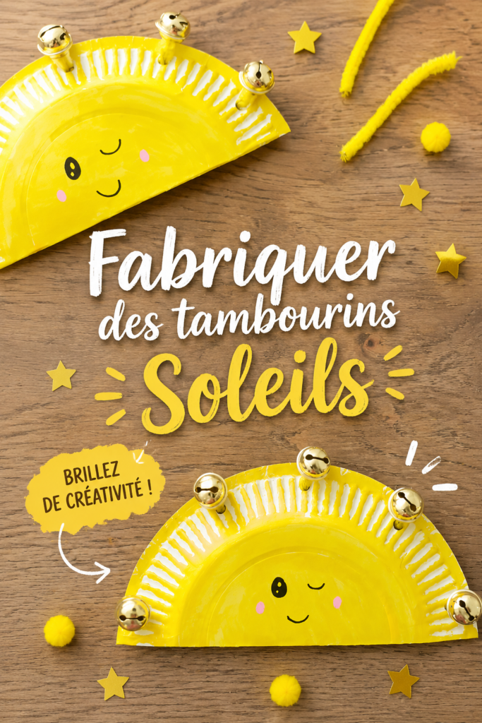 Un tambourin soleil coloré fabriqué à la main avec des matériaux recyclés.