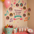 Fête d'anniversaire avec décoration musicale colorée et joyeuse