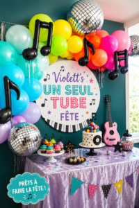 Fête sur le thème de Violett avec des décorations colorées et des activités manuelles.