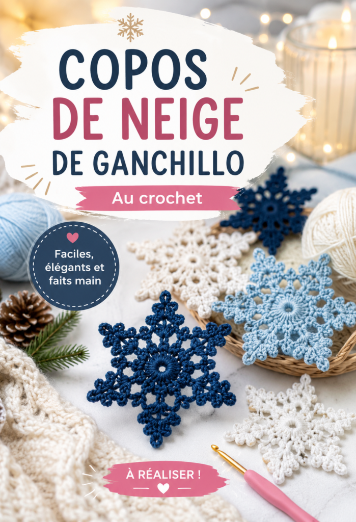 Des flocons de neige au crochet présentés sur un fond hivernal, ajoutant une touche de magie.