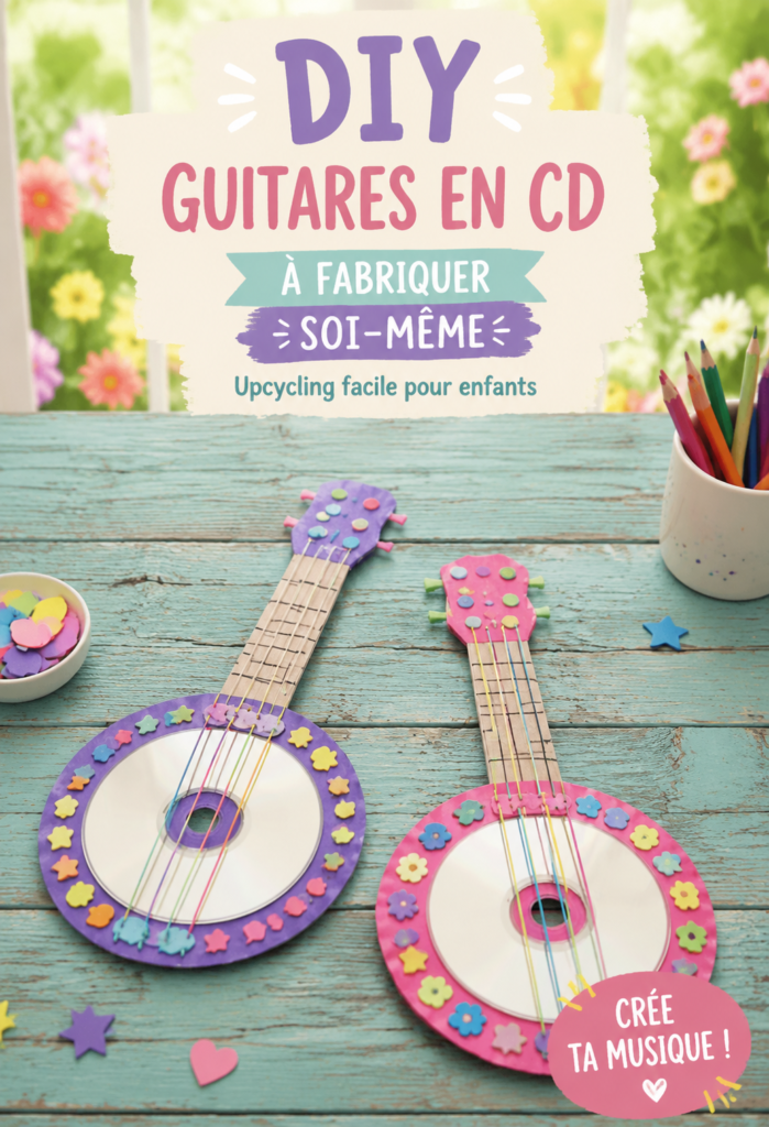 Enfants fabriquant des guitares en CD lors d'un atelier DIY