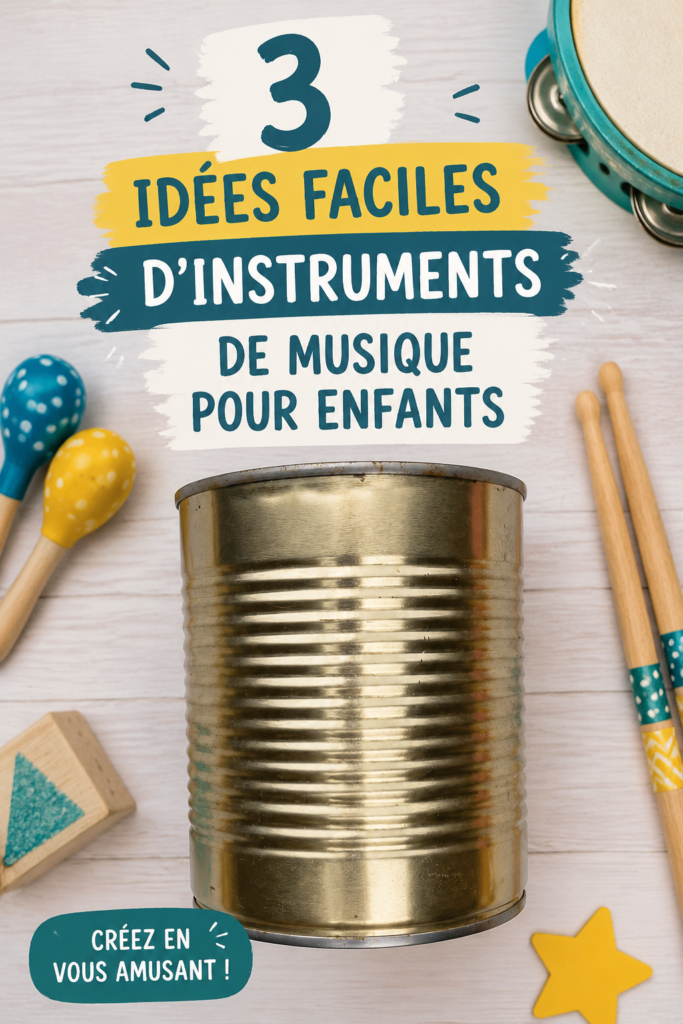 Instruments de musique faits maison pour enfants, incluant un tambour et un maracas.