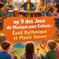 Des enfants s'amusant avec des jeux de musique colorés et interactifs.