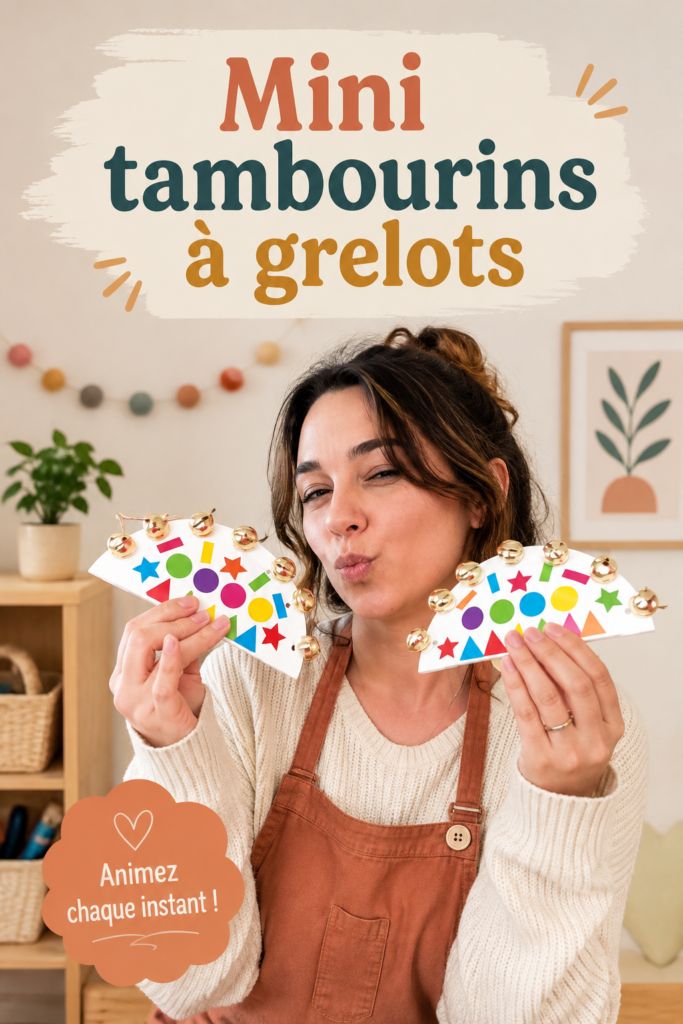 Mini tambourins à grelots colorés sur un fond de table en bois.