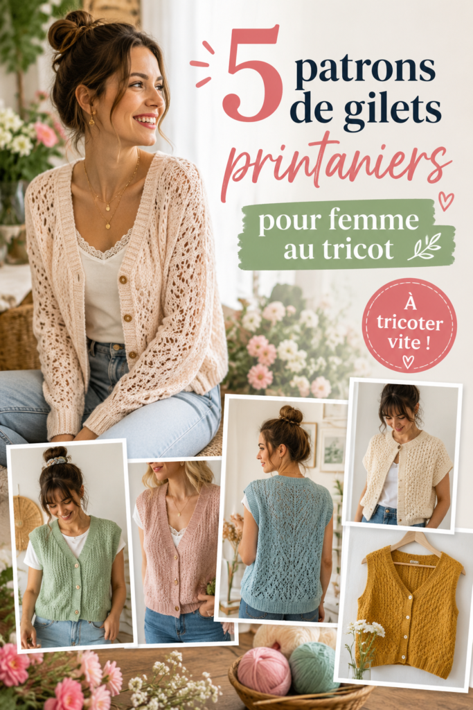 Femme souriante portant un gilet léger en tricot, sous un ciel printanier.