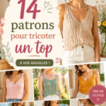 Une femme tricotant un top avec des patrons colorés.