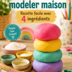 Pâte à modeler maison colorée sur une table avec des outils créatifs.