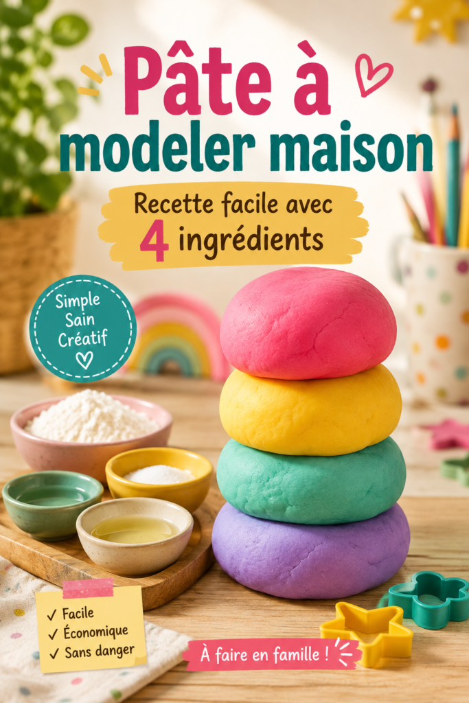 Pâte à modeler maison colorée sur une table avec des outils créatifs.
