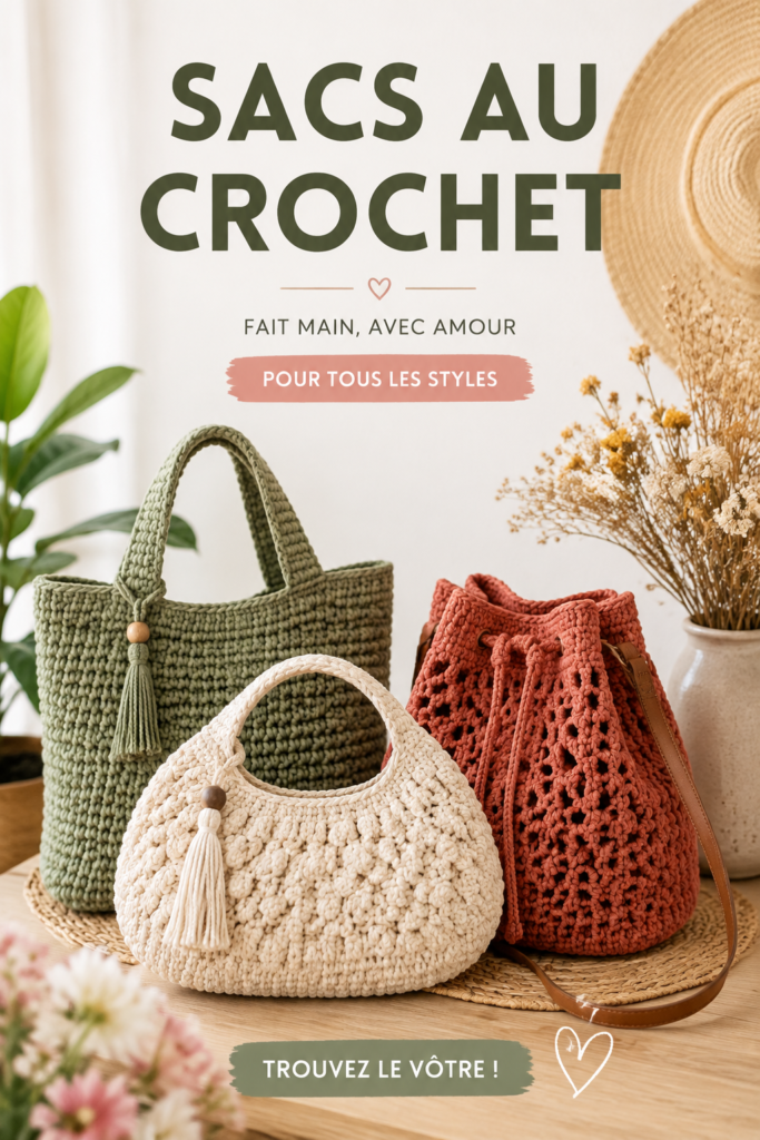 Sac au crochet coloré posé sur une table en bois