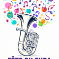 Un tuba en laiton brillant posé sur un fond musical.
