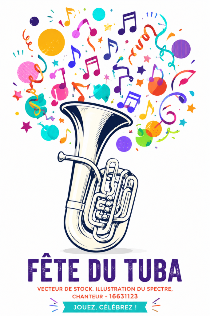 Un tuba en laiton brillant posé sur un fond musical.