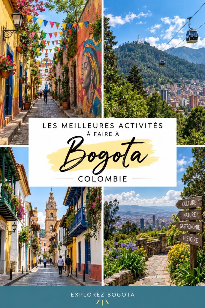 Vue d'une rue colorée de Bogotá avec des artistes locaux en pleine création.