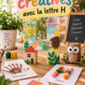 Un ensemble de créations manuelles inspirées de la lettre H, incluant des décorations et des arts plastiques.