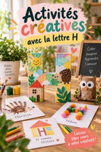Un ensemble de créations manuelles inspirées de la lettre H, incluant des décorations et des arts plastiques.
