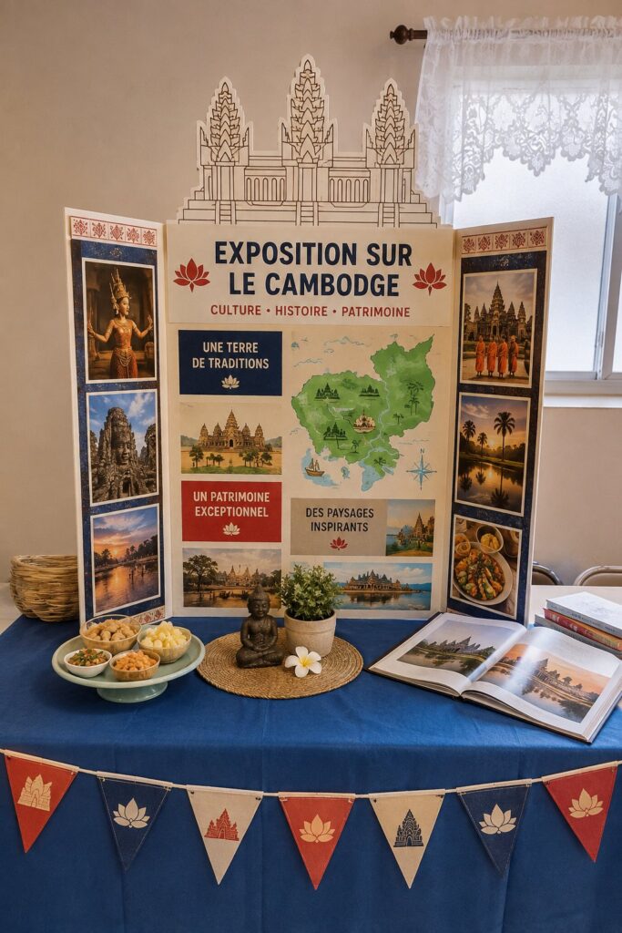 Un affiche tri-fold coloré inspiré du Cambodge sur une table de travail