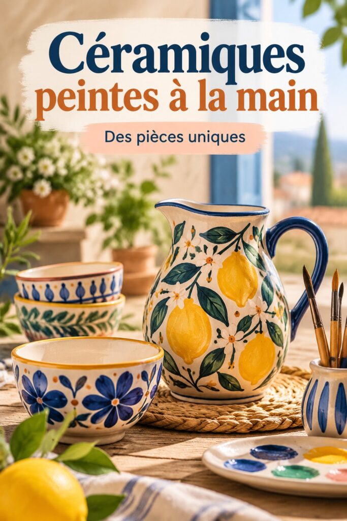 Céramiques peintes à la main sur une table en bois, prêtes à être exposées