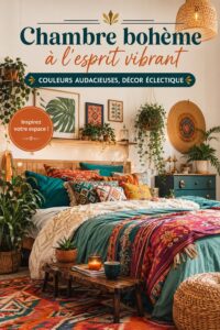 Chambre bohème vibrante avec des couleurs audacieuses et une déco éclectique