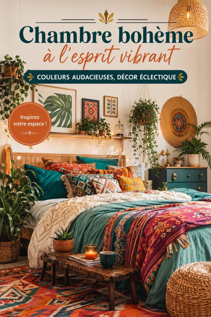 Chambre bohème vibrante avec des couleurs audacieuses et une déco éclectique