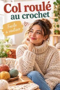 Col roulé au crochet coloré exposé sur une table en bois