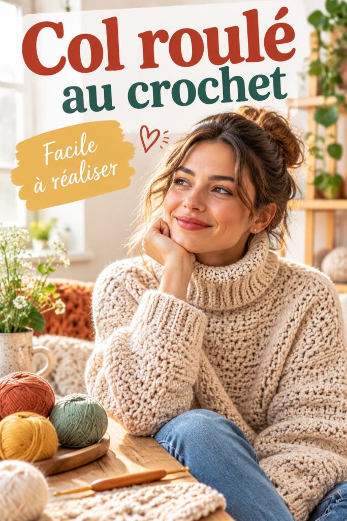 Col roulé au crochet coloré exposé sur une table en bois