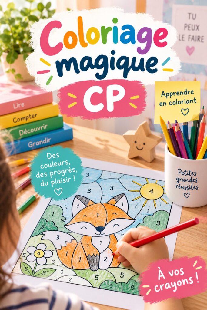 Un enfant souriant coloriant un dessin magique éducatif, illustrant l'apprentissage amusant.