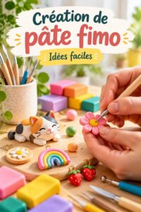 Créations colorées en pâte fimo sur une table de travail