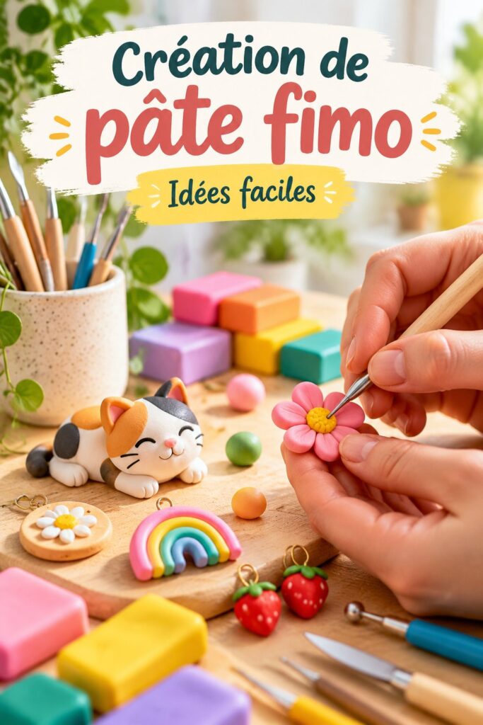 Créations colorées en pâte fimo sur une table de travail