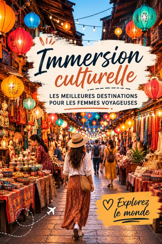 Femme explorant des rues colorées et riches en culture lors de son voyage.