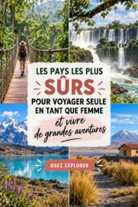 Femme heureuse contemplant un paysage lors d'un voyage solo sécurisé et inspirant.