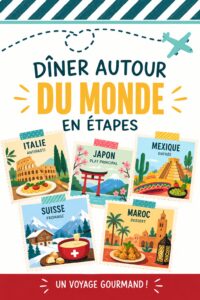 Dîner progressif autour du monde avec des plats divers et colorés.