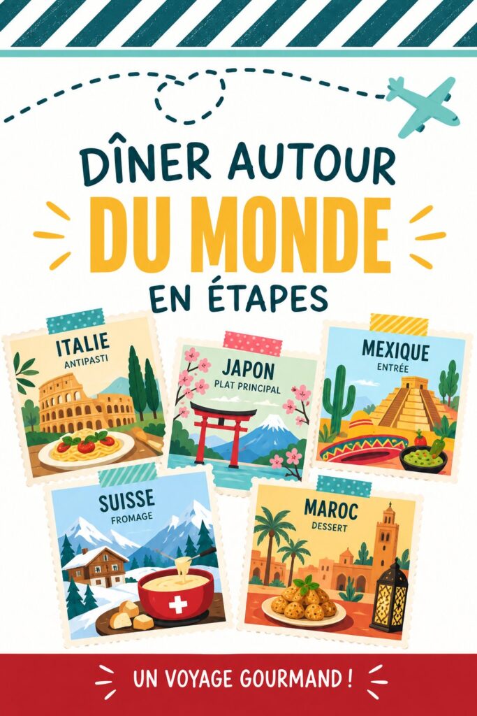 Dîner progressif autour du monde avec des plats divers et colorés.