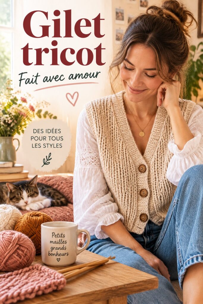 Gilet tricoté en laine sur un mannequin, avec un design moderne et chaleureux.