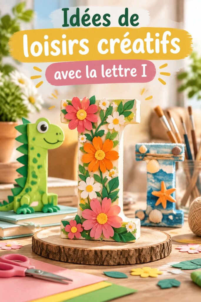 Une table remplie de matériaux colorés pour activités manuelles, incluant des projets avec la lettre I.