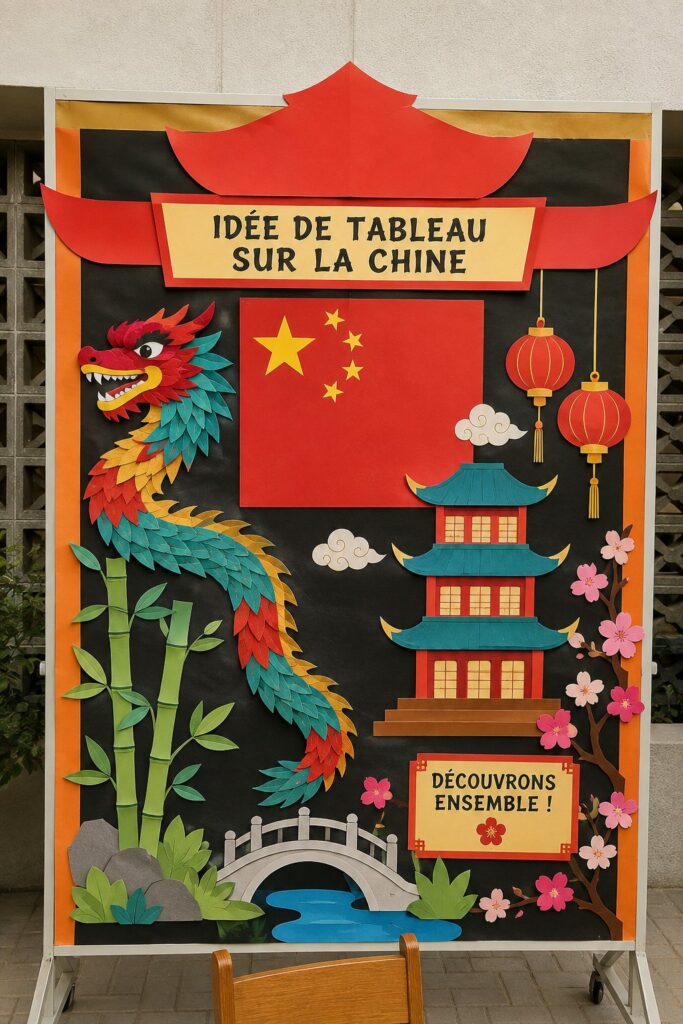 Tableau inspiré de la culture chinoise avec motifs traditionnels.